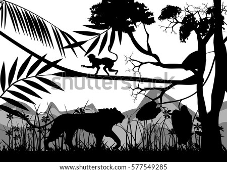 Black Silhouette of lion and wild jungle, trees, monkey