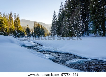 Winter mountain landscape, frozen river covered with snow flowing between the trees. Royalty-Free Stock Photo #577564498