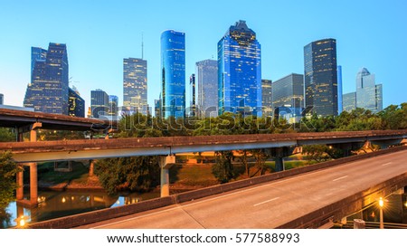 Downtown skyline with modern building at sunrise in Houston, Texas, USA