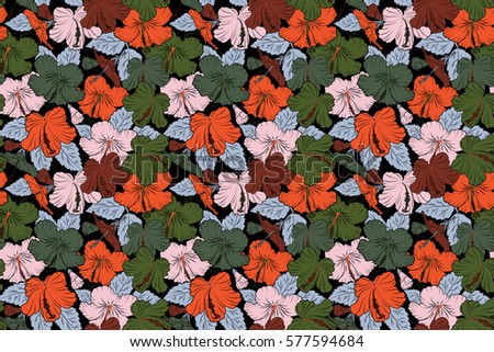 Raster hibiscus flower seamless pattern in green and orange colors on a black background.