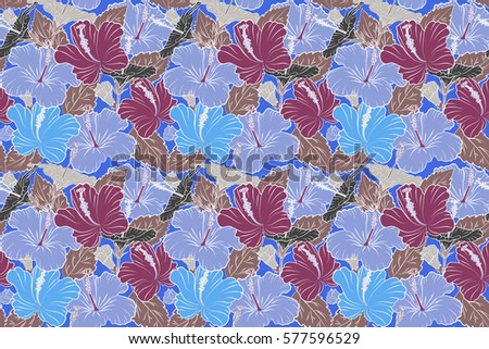 Hibiscus flowers in gray, purple and blue colors.