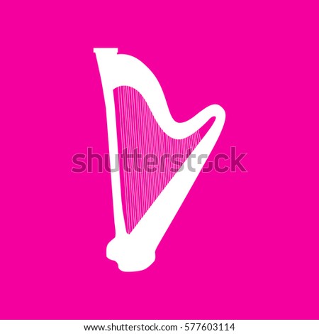 Musical instrument harp sign. White icon at magenta background.
