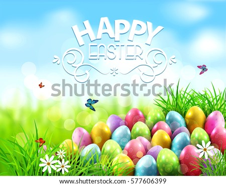 Vector background. Easter eggs in green grass with white flowers, butterflies on blue, blurred , natural background
