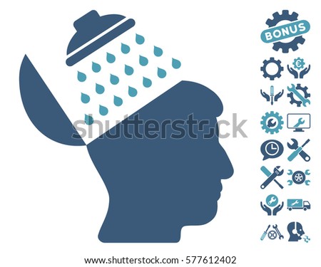 Propaganda Brain Shower pictograph with bonus configuration clip art. Vector illustration style is flat iconic cyan and blue symbols on white background.