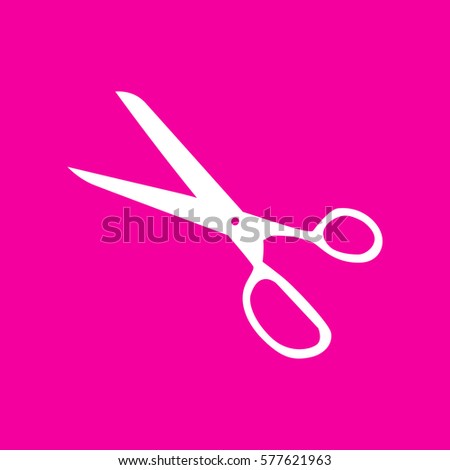 Scissors sign illustration. White icon at magenta background.