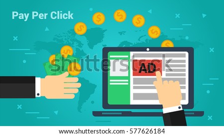 Vector horizontal banner Pay Per Click concept. Hand makes a click on a computer advertising and the other gets to monetize profit in flat style on green-blue background Royalty-Free Stock Photo #577626184
