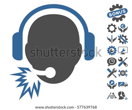 Operator Message pictograph with bonus service pictograph collection. Vector illustration style is flat iconic cobalt and gray symbols on white background.