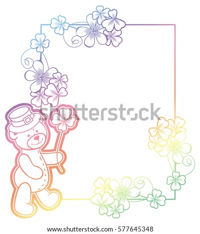Contour color gradient frame with shamrock and cute teddy bear. Copy space. Raster clip art.