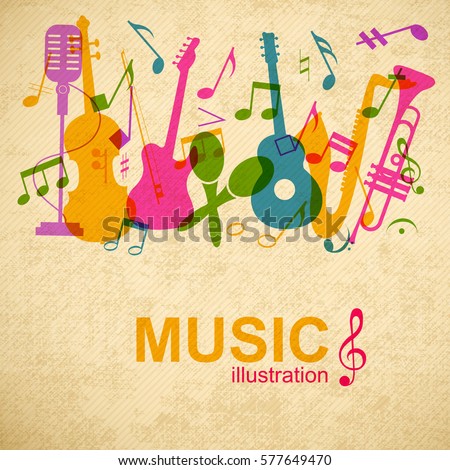 Musical graphic poster with colorful music instruments and notes silhouettes on striped vintage background vector illustration
