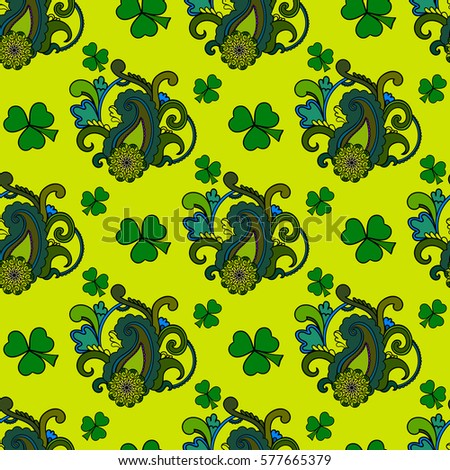 Saint Patrick's day seamless background, colorful holiday pattern with paisley and clovers, floral and ethnic theme