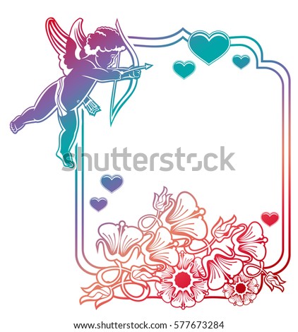 Cupid with bow hunting for hearts. Color gradient frame with Cupid, roses, hearts. Valentine Day background. Raster clip art.