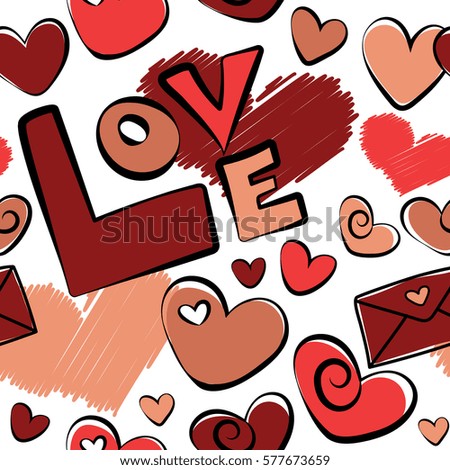 Pattern for your wedding invitations, save the date cards, scrapbook and etc. Vector seamless doodle pattern with red and orange hearts, love letter and text on the white backdrop.
