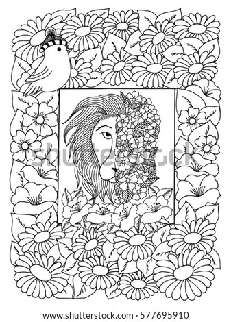 Vector illustration a lion surrounded flowers in a frame on where a bird is sitting. Work made by hand. Book Coloring anti-stress for adults and children. Black and white.
