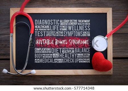 Irritable Bowel Syndrome general health word cloud on chalkboard with stethoscope, health / medical concept.