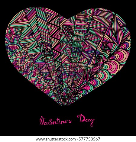 Hand drawn heart with colorful pattern for valentines day design, vector illustration