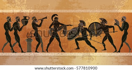 Ancient Greece scene. Black figure pottery. Ancient Greek mythology. Warriors Sparta people, gods  Royalty-Free Stock Photo #577810900