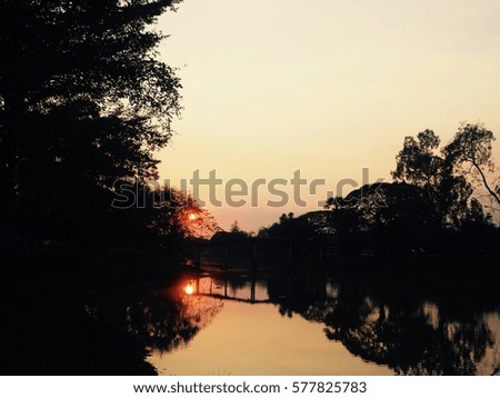 Sunset behind trees and the canal serenede view background