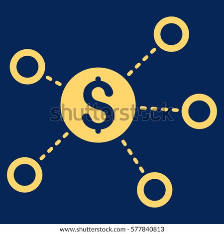 Dollar Network Links vector icon. Flat yellow symbol. Pictogram is isolated on a blue background. Designed for web and software interfaces.