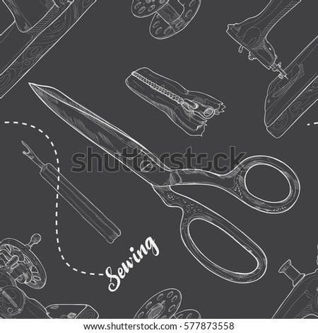 Hand drawn sketch sewing seamless pattern. Vector illustration background