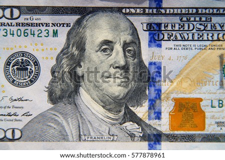 Macro shot of the one hundred dollar bill