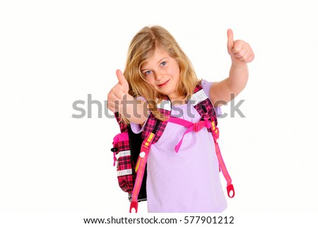 blond girl with schoolbag and thumbs up in front of white background