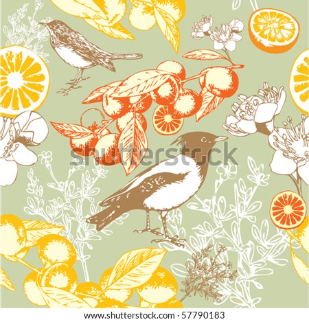 Seamless wallpaper pattern with orange and birds