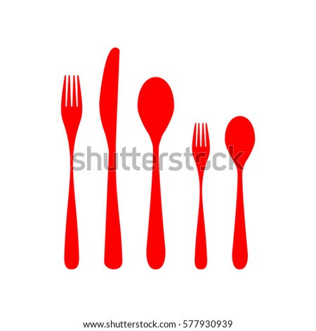 Set of silverware. Vector. Red icon on white background. Isolated.