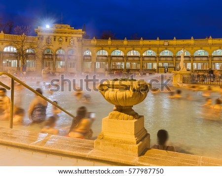 Szechnyi thermal bath spa in Budapest Hungary - travel background Royalty-Free Stock Photo #577987750
