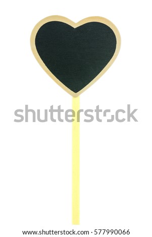 Blank wooden blackboard label heart-shaped, chalkboard label , garden sign and tag price isolated on a white background.