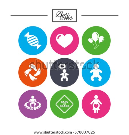 Pregnancy, maternity and baby care icons. Candy, strollers and fasten seat belt signs. Footprint, love and balloon symbols. Classic simple flat icons. Vector