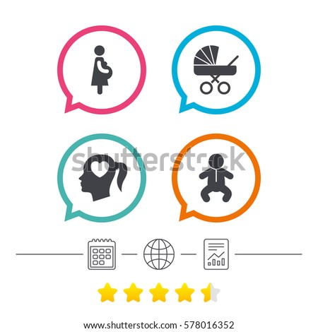 Maternity icons. Baby infant, pregnancy and buggy signs. Baby carriage pram stroller symbols. Head with heart. Calendar, internet globe and report linear icons. Star vote ranking. Vector