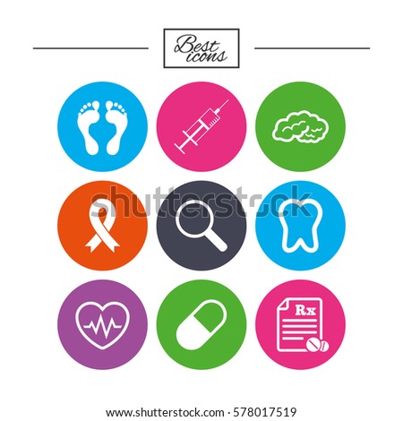 Medicine, medical health and diagnosis icons. Syringe injection, heartbeat and pills signs. Tooth, neurology symbols. Classic simple flat icons. Vector