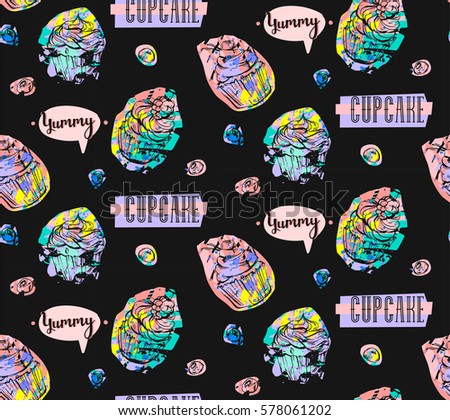 Hand drawn vector graphic abstract painted cupcakes seamless pattern.Design for bakery,sweet shop,fabric,fashion,wrapping paper,business.Unique unusual artwork. Modern decoration in 90s style.