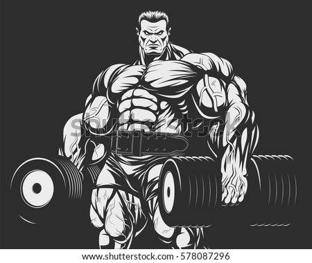 Vector illustration, bodybuilder doing exercise with dumbbells for biceps