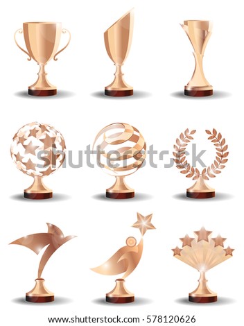 Bronze Trophy Cups and Awards  in the form of  abstract shapes with the stars and lines, Laurel wreath, bird and Superman.  Realistic vector set, illustration isolated on white background