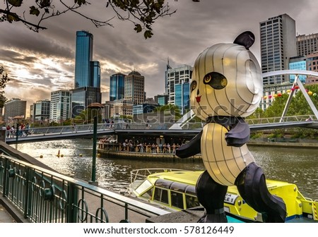 A panda lantern for the 2017 Chinese new year celebrations at Southbank on the Yarra River in Melbourne, Australia