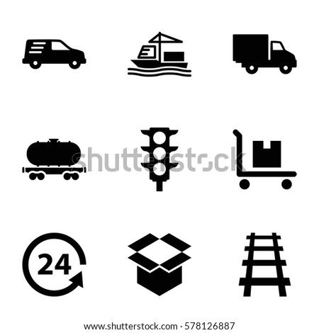 Logistic icon. Set of 9 Logistic filled icons such as box, cargo on cart, 24 support, cargo wagon, railway, cargo ship, delivery car