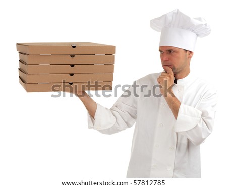 thinking cook in white uniform and hat with boxes of pizza