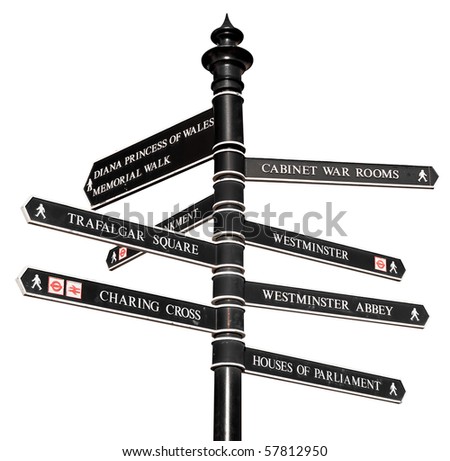Sign with directions to London's landmarks isolated on white