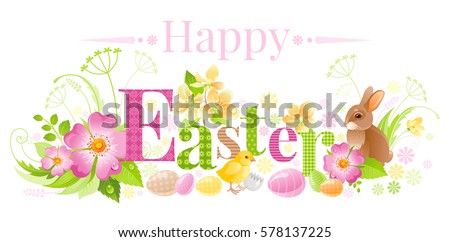 Happy Easter horizontal logo banner. Spring landscape bunny rabbit, chicken egg, crocus rose flower, grass. Springtime nature. Text lettering. Cute vector illustration background. Greeting card border