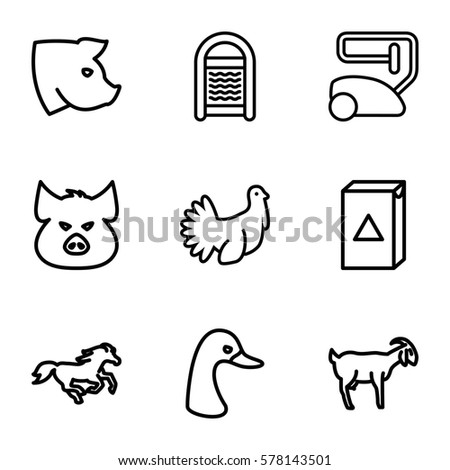 domestic icon. Set of 9 domestic outline icons such as pig, goose, horse, goat, vacuum cleaner, washing machine, sponge