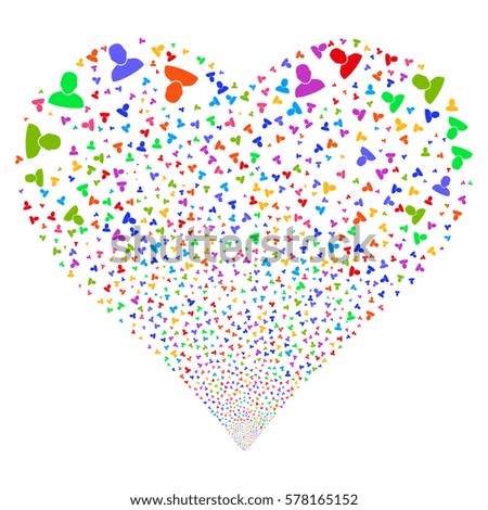 User fireworks with heart shape. Vector illustration style is flat bright multicolored iconic symbols on a white background. Object love heart combined from confetti pictograms.