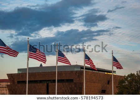 US Flags in Front of the National Museum of African American History and Culture, Washington, D.C. Royalty-Free Stock Photo #578194573