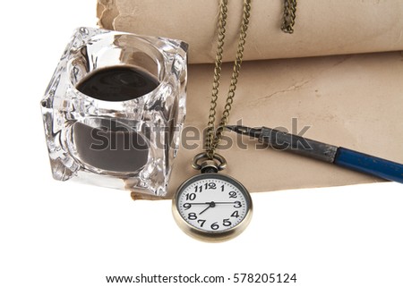 old paper, clock, inkwell and pen isolated on white background closeup