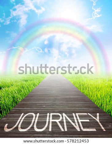 Wooden bridge and landscape background with journey words, Business concept photo.