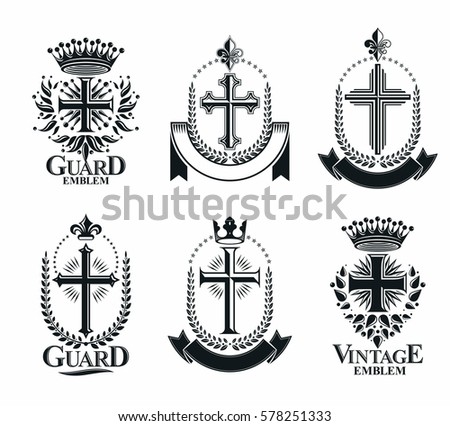 Christian Crosses emblems set. Heraldic vector design elements collection. Retro style label, heraldry logo.