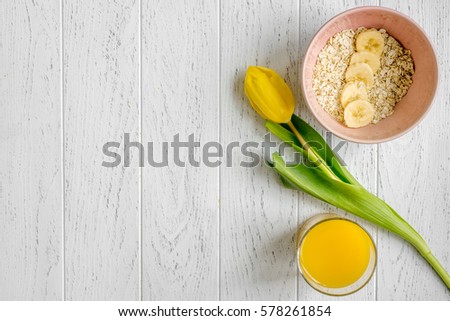 healthy breakfast with porridge on wooden background top view mockup
