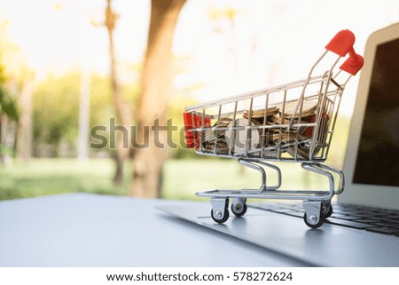 Small shopping cart contains coins on Laptop for shopping online on modern city background, business online concept.