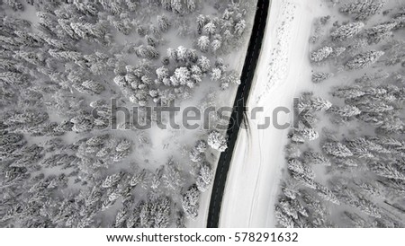Snowy Aerial Views over a Mountains Forest and Road