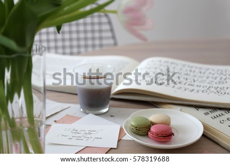 Love message / Colorful macarons with filter coffee